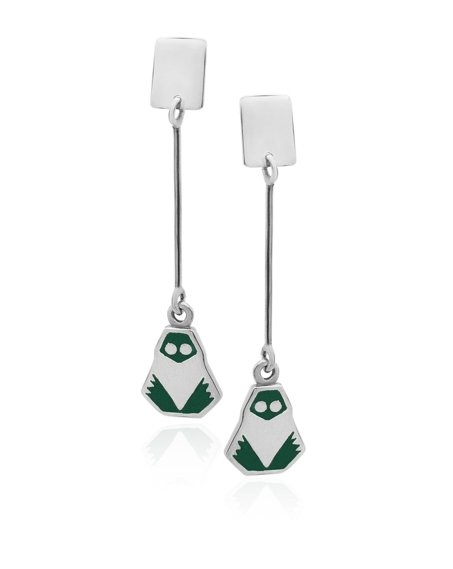 Elegant .925 sterling silver drop earrings with a stylized frog design in green inlay, reflecting a fusion of modern style and nature inspiration