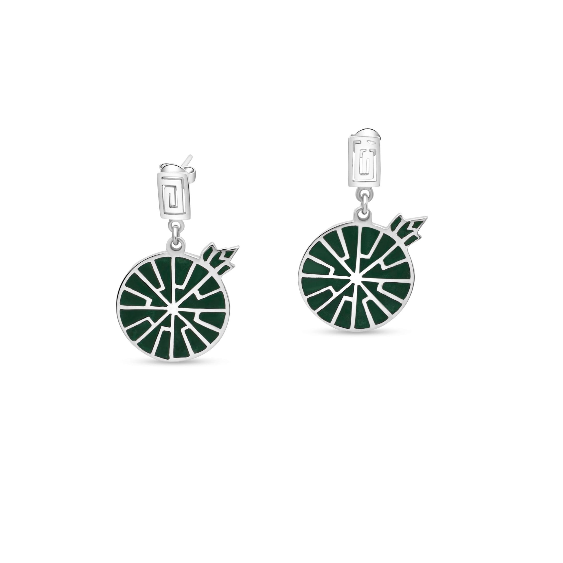 Sterling silver earrings with green inlay, inspired by the Victoria Amazonica lily, symbolize a warrior's eternal love, featuring segmented patterns akin to lily pads.