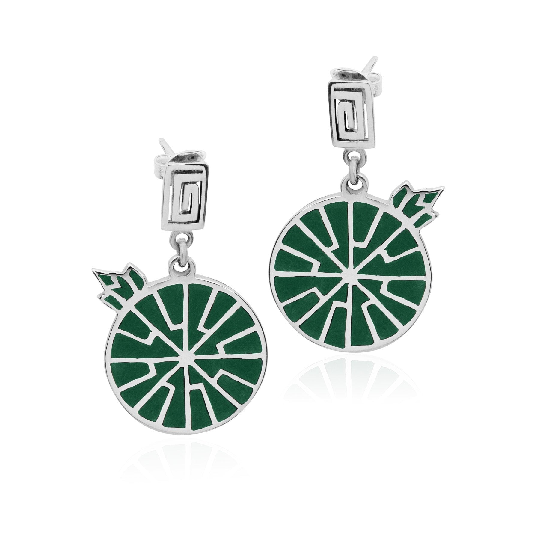 Handcrafted sterling silver earrings inspired by the Victoria Amazonica lily. Green inlay and segmented design symbolize a warrior's eternal love.