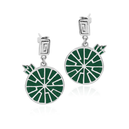 Handcrafted sterling silver earrings inspired by the Victoria Amazonica lily. Green inlay and segmented design symbolize a warrior's eternal love.