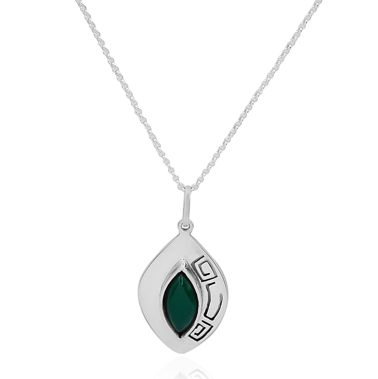 Handcrafted .950 sterling silver necklace with a green agate gemstone pendant. The green stone is framed by a detailed silver design with nature motifs.