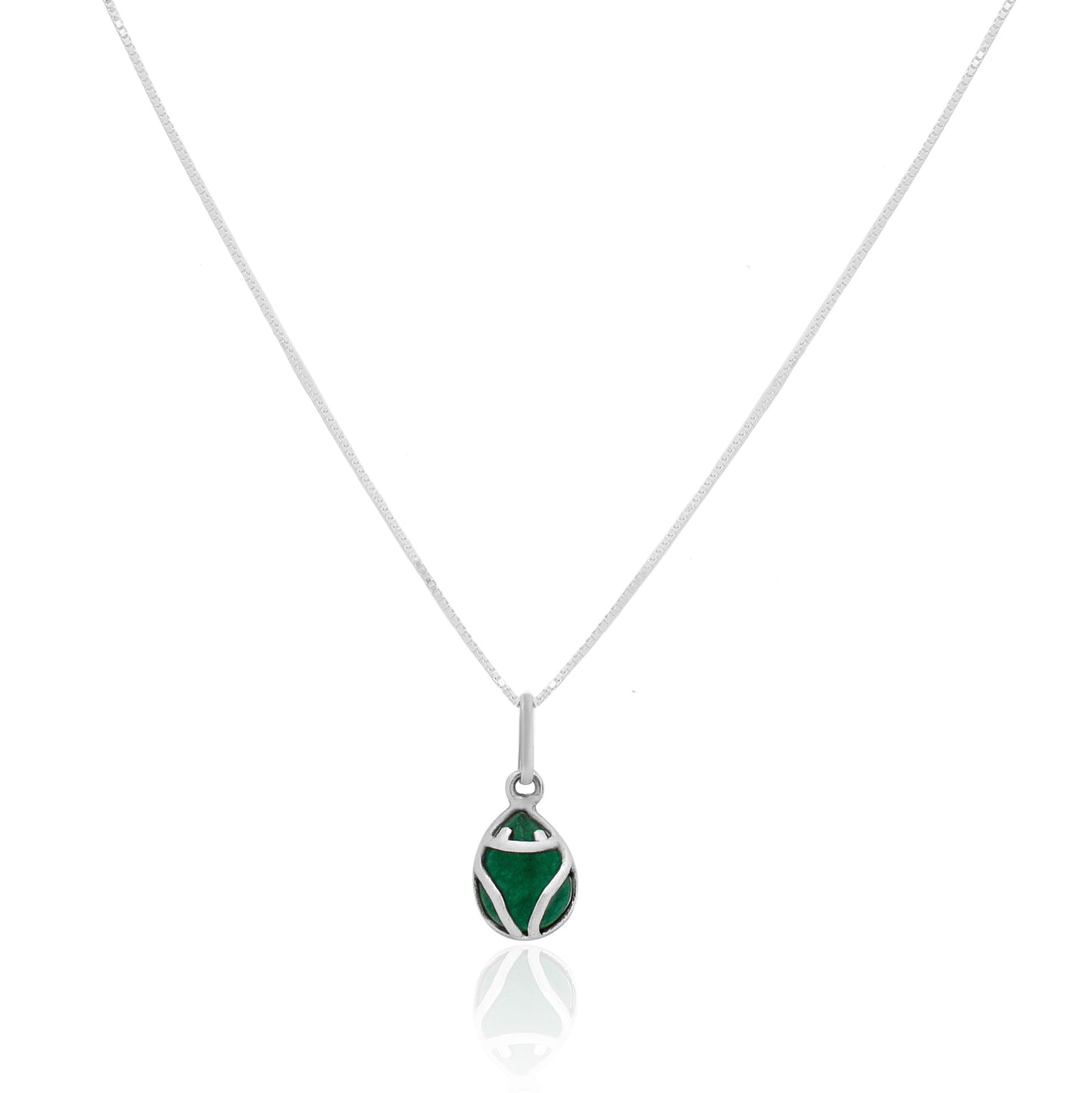 Silver necklace featuring a jade gemstone frog pendant in a teardrop design. White background.