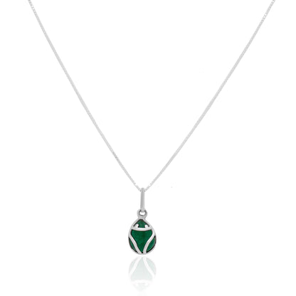 Silver necklace featuring a jade gemstone frog pendant in a teardrop design. White background.