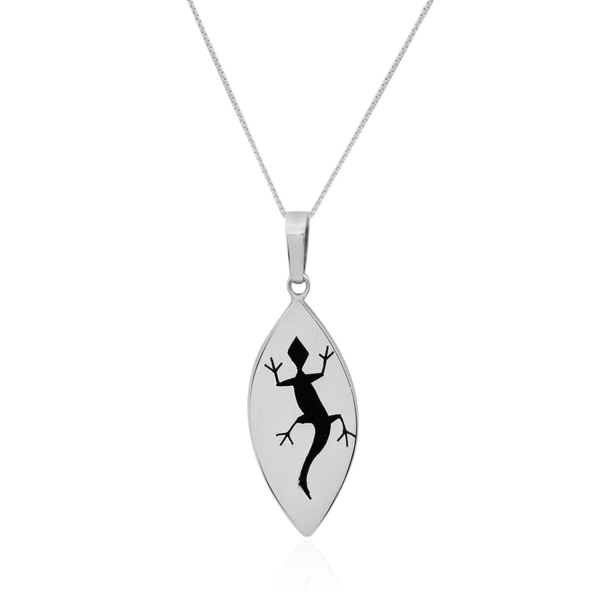 Silver necklace with a sleek, teardrop-shaped pendant, elegantly displaying a black lizard silhouette, symbolizing versatility and environmental harmony.