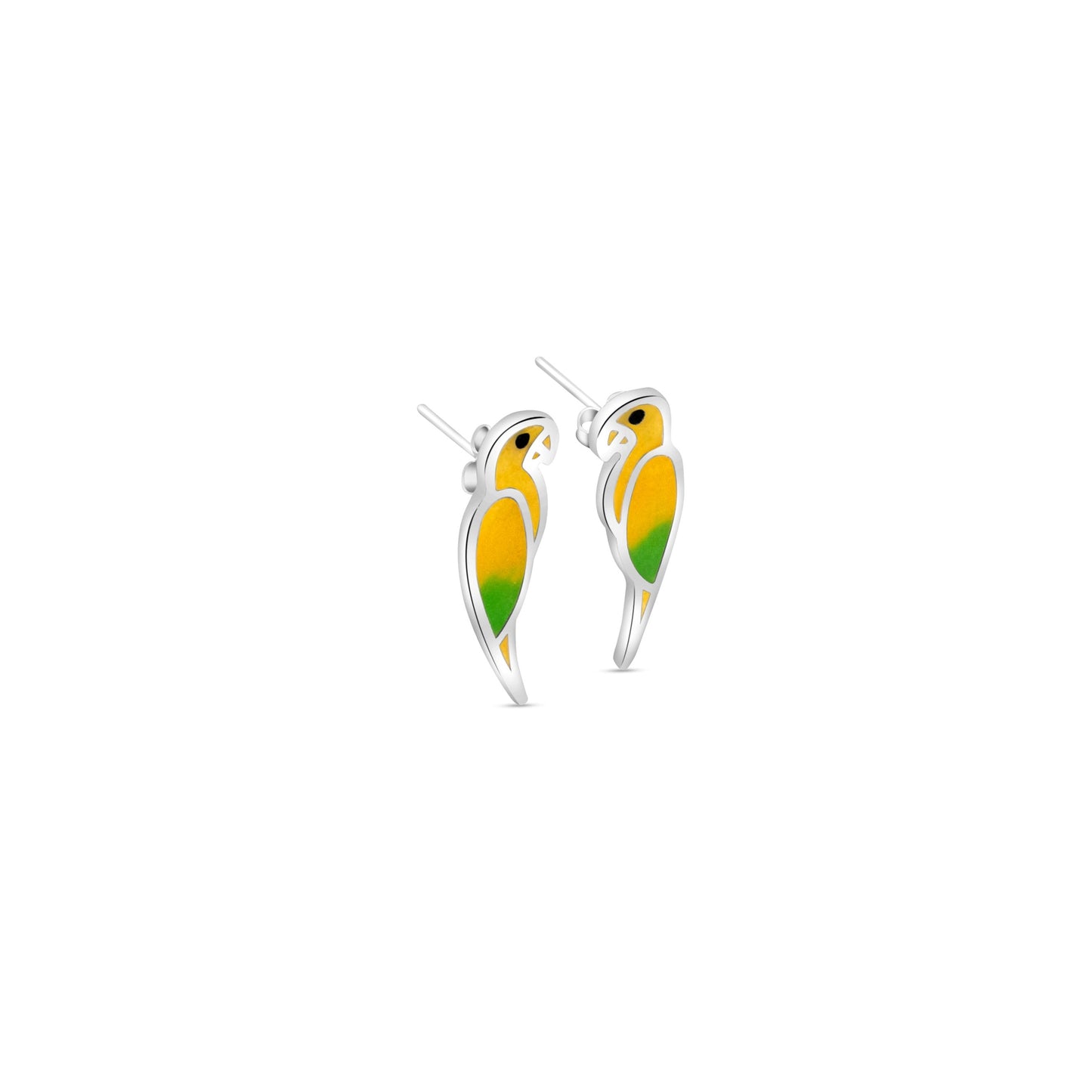 Earrings crafted in .925 sterling silver, designed as jubá macaws with yellow and green inlay, reflecting eco-conscious artisanship.