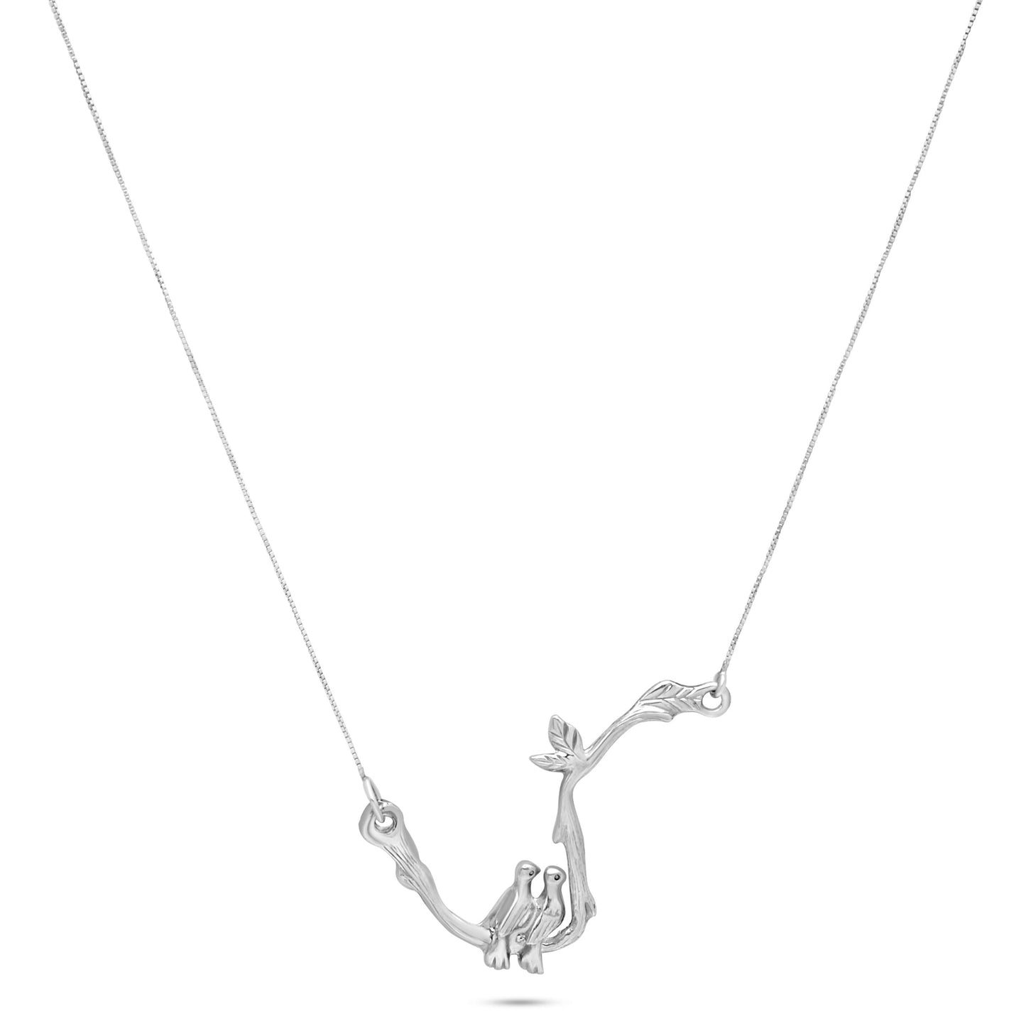 The image features a sterling silver necklace with a pendant design of two intertwined doves perched on a branch, representing peace and companionship.