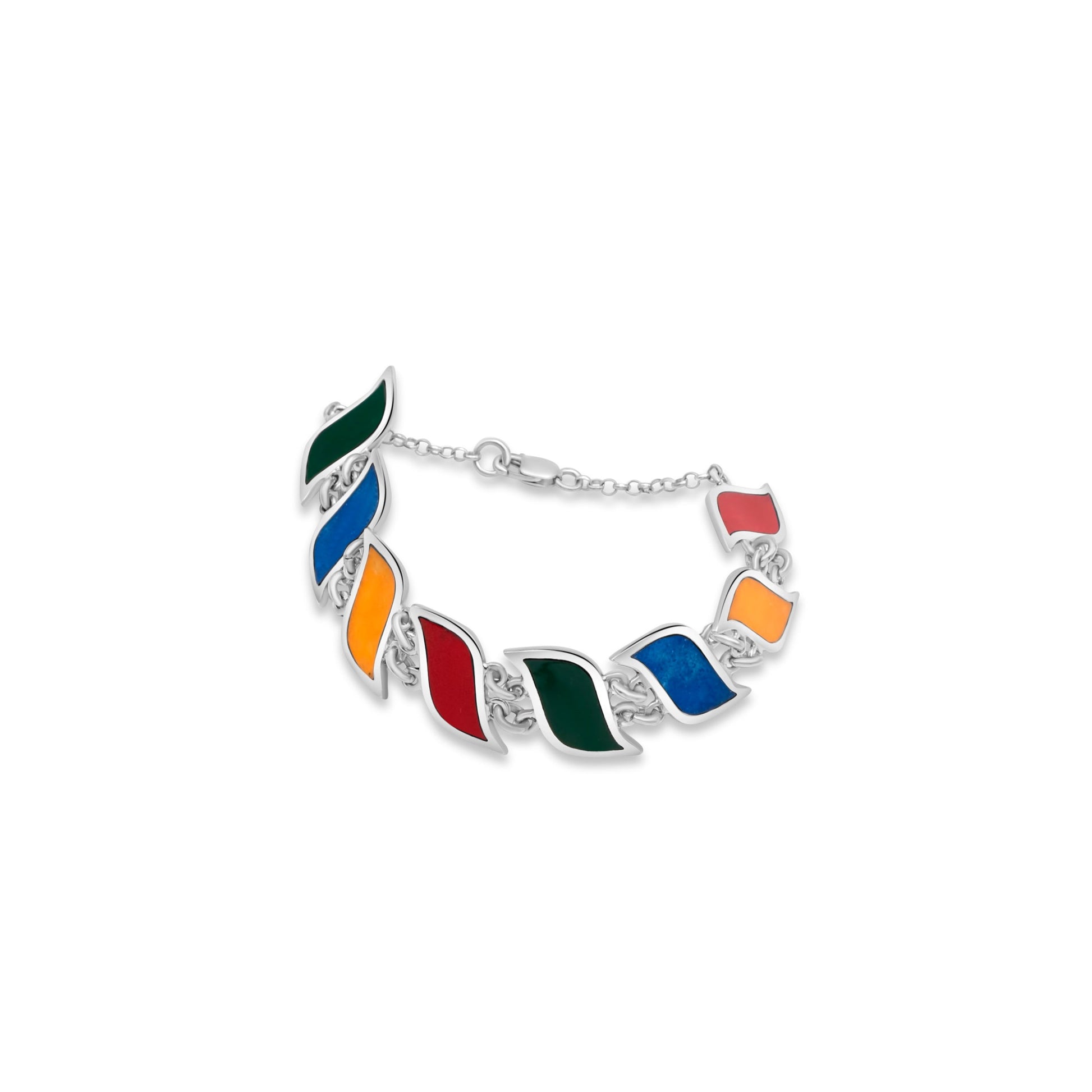 The image displays a silver bracelet with a rectangular clasp with a colorful inlay pattern motifs linked together, creating a festive and artistic piece. Handmade in Brazil.