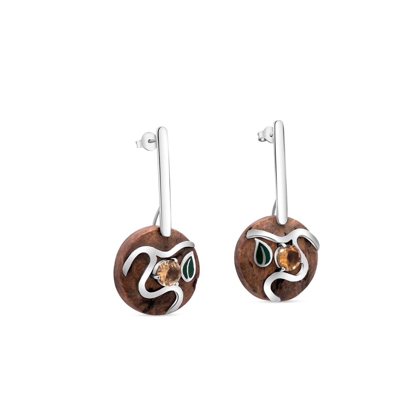 Sterling silver earrings with eco-friendly Brazil nut material, featuring natural citrine stones and leaf-green accents, artfully handcrafted.