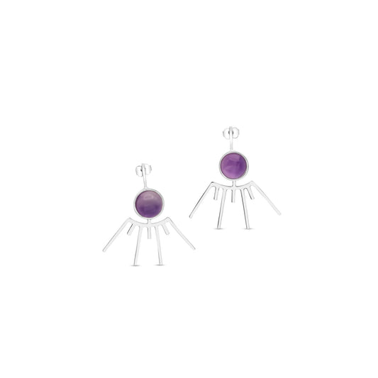 Sterling silver earrings in the shape of a sun with a central amethyst gemstone. The earrings are handcrafted.