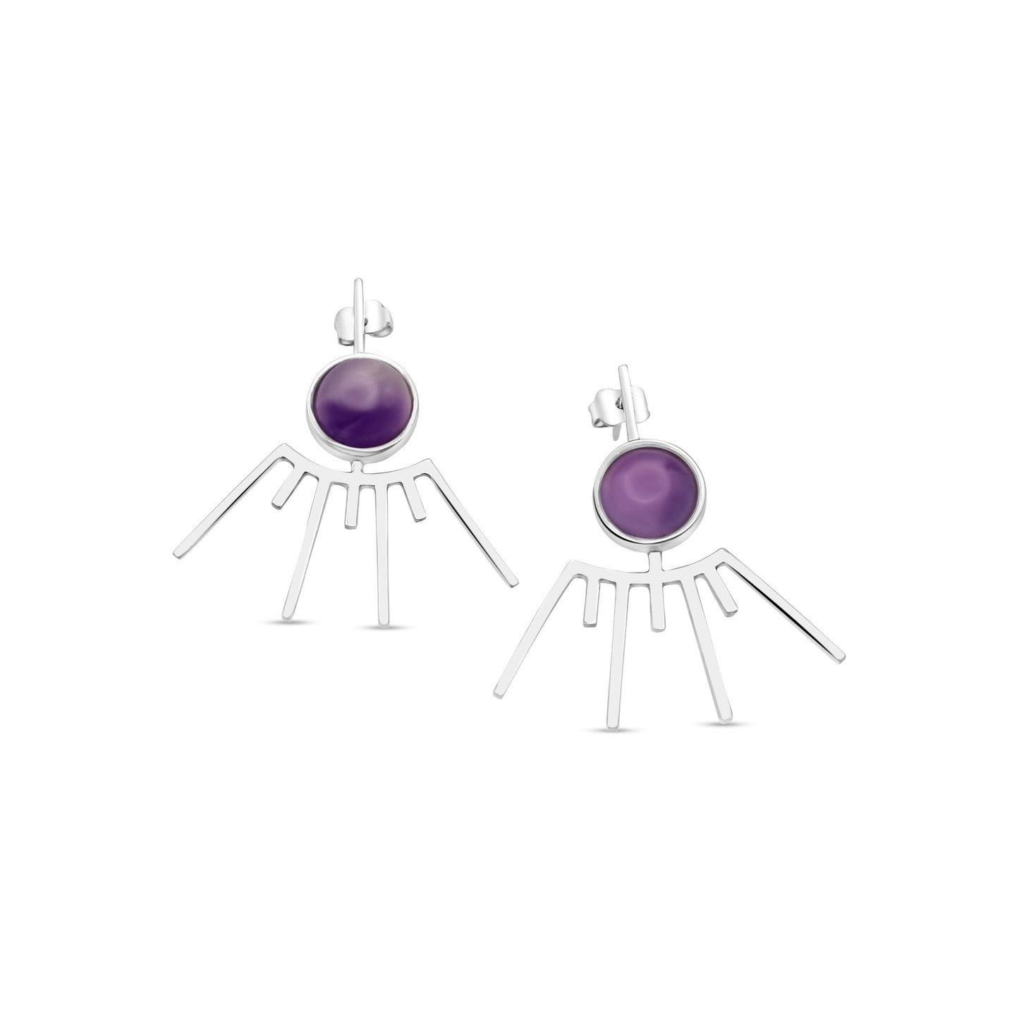 silver earrings featuring a sunbeam design with a single, round amethyst gemstone at its center. 