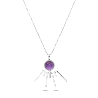 silver pendant necklace featuring a sunray design with a central, round amethyst gemstone. The amethyst has a deep purple color.