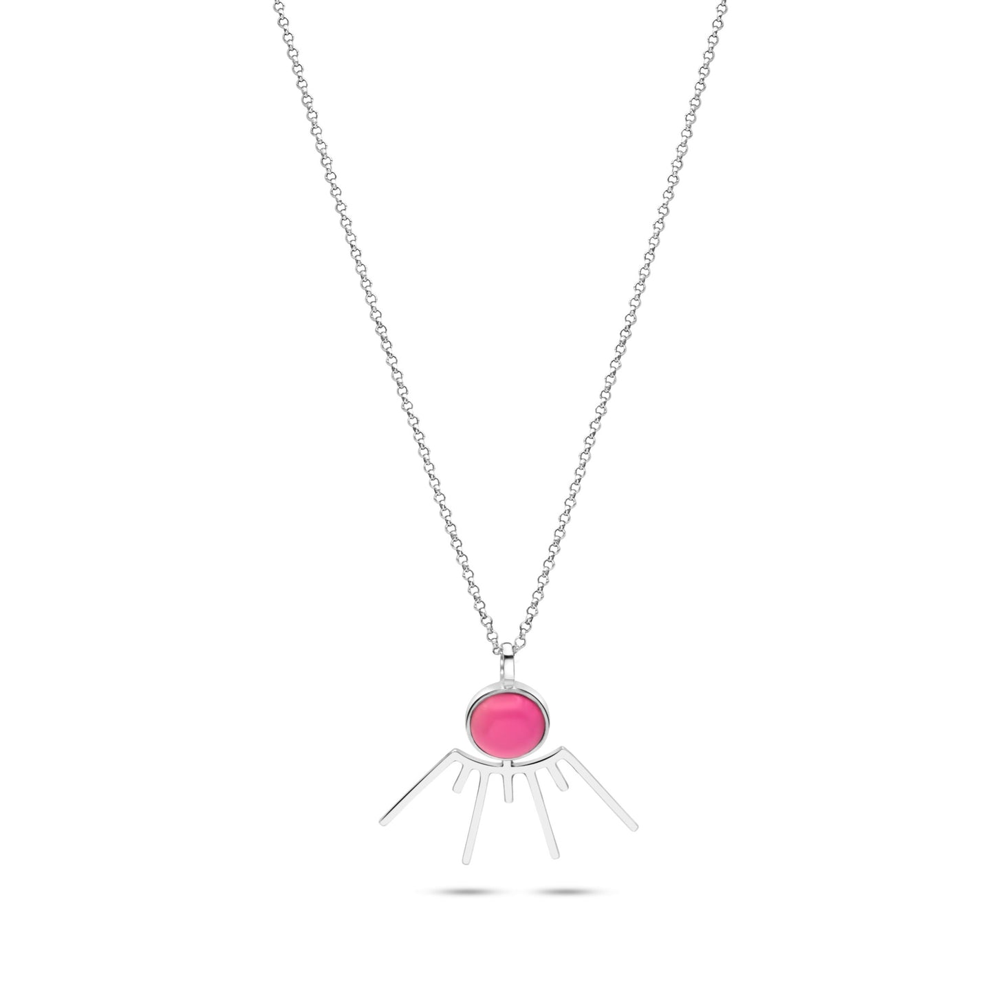 sterling silver necklace featuring a stylized sunburst pendant with a vibrant, round pink agate gemstone. The bezel setting creates radiating light rays, highlighting the agate. Modern, sleek design showcases both stone and silver.