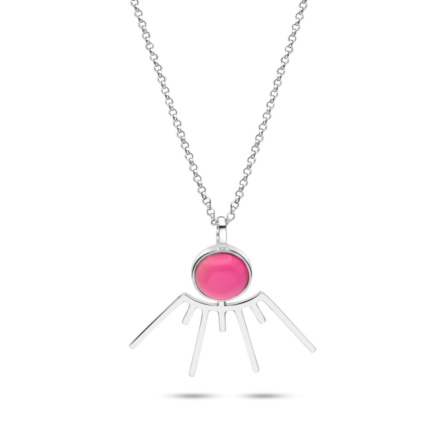 A sterling silver necklace featuring a radiant pendant with a round, polished pink agate at its center, surrounded by a sunburst design of slender silver rays.