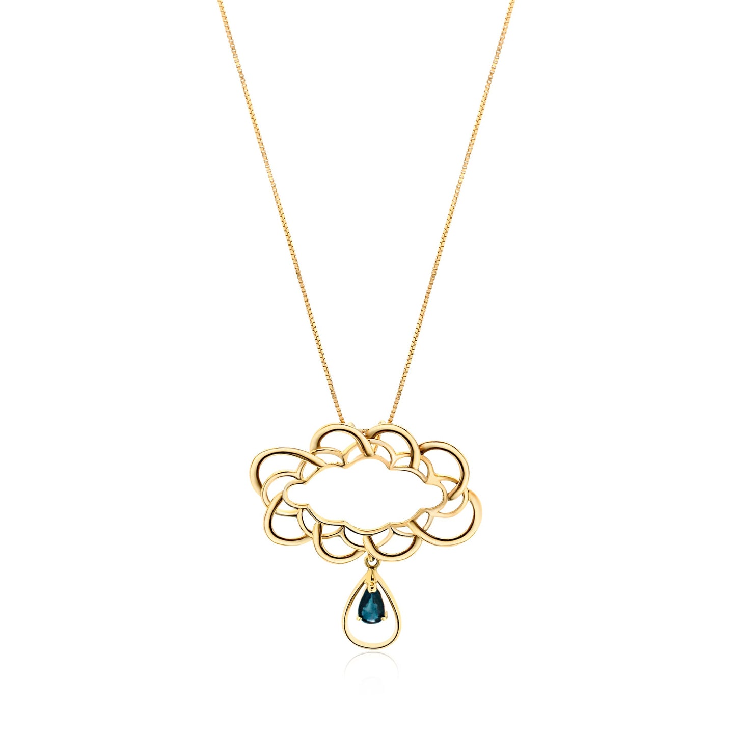 18k gold cloud pendant with a blue sapphire teardrop. Luxurious design with vibrant blue stone.