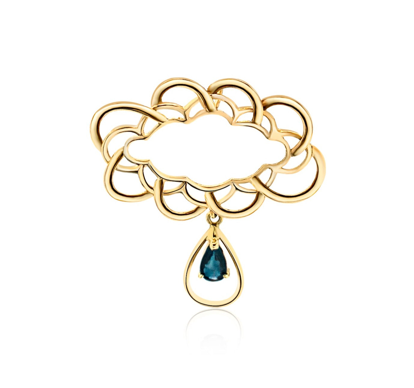 The pendant features a symmetrical, cloud-like design with interlocking, rounded shapes creating an openwork pattern in a warm gold tone, suggesting it is crafted from 18-karat gold. 