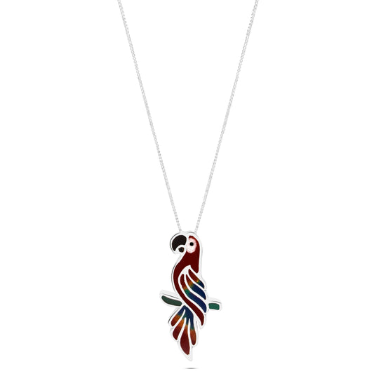 A silver necklace featuring a detailed red parrot pendant with a multicolored inlay, symbolizing Amazonian wisdom and nature's connection, contributing to rainforest conservation.