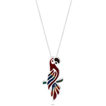 Sterling silver necklace featuring a red macaw parrot design. The parrot is crafted using local inlay techniques with colorful geometric shapes.  Symbolizes wisdom & connection to nature in Amazonian culture.