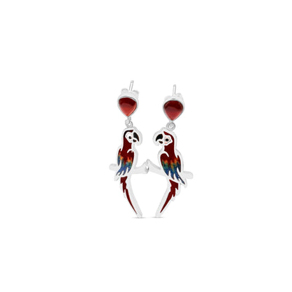 Parrot earrings with red agate gemstones, showcasing intricate inlay work and Amazon-inspired design.