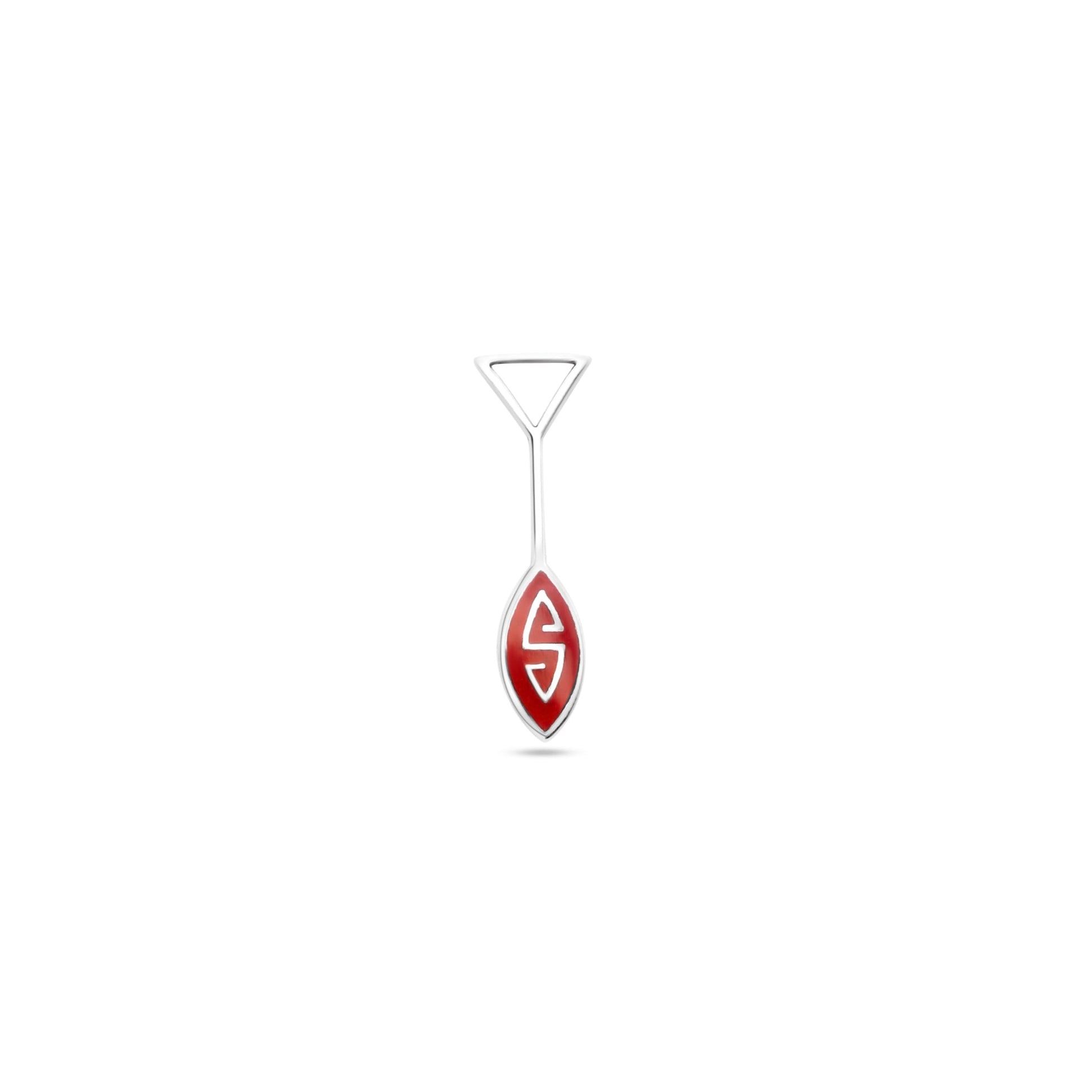 Handcrafted .925 silver Marajoara pendant. Unique oar-inspired design symbolizes Amazonian river navigation. Red color achieved with eco-friendly local inlay technique.