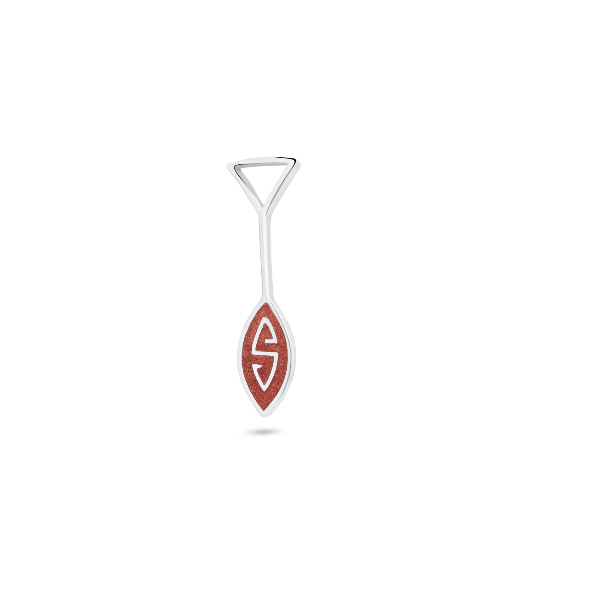 Handcrafted .925 sterling silver Marajoara pendant. Sparkly brown inlay (local technique) on oar-shaped design. Symbolizes Amazonian river navigation. 