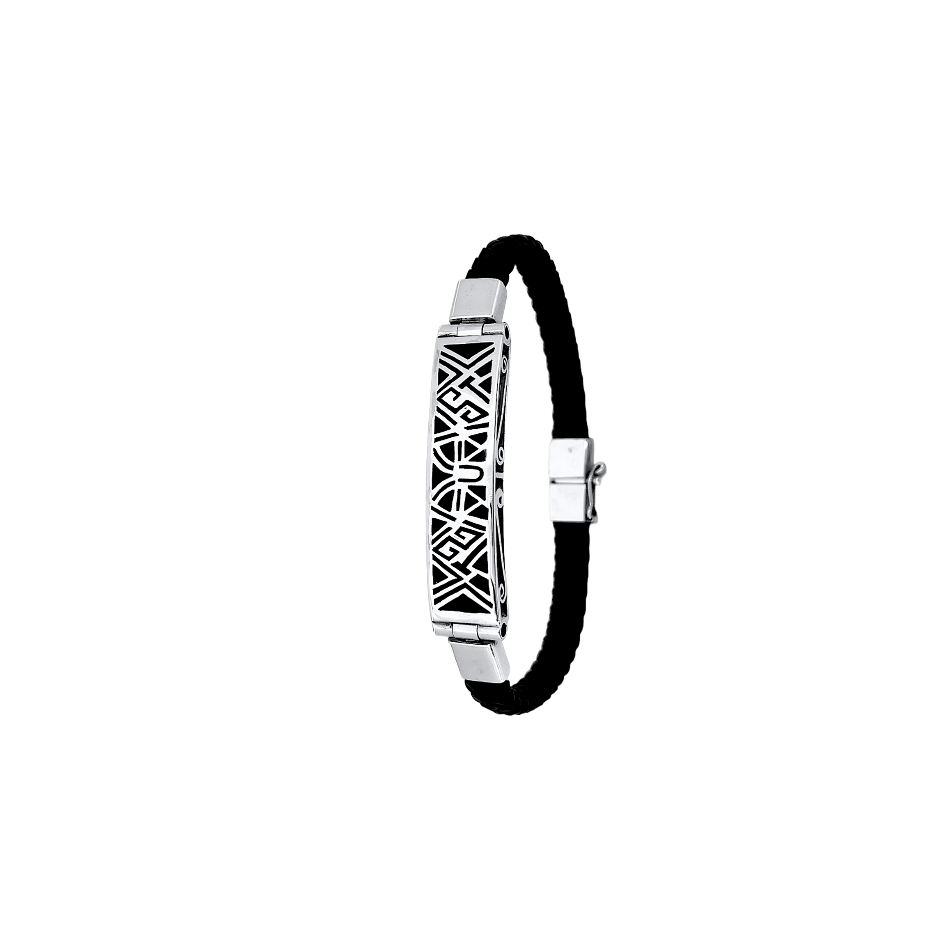  A silver bracelet with intricate geometric engraving on a rectangular centerpiece, attached to a black band, reflecting an elegant and contemporary design with tribal influence.