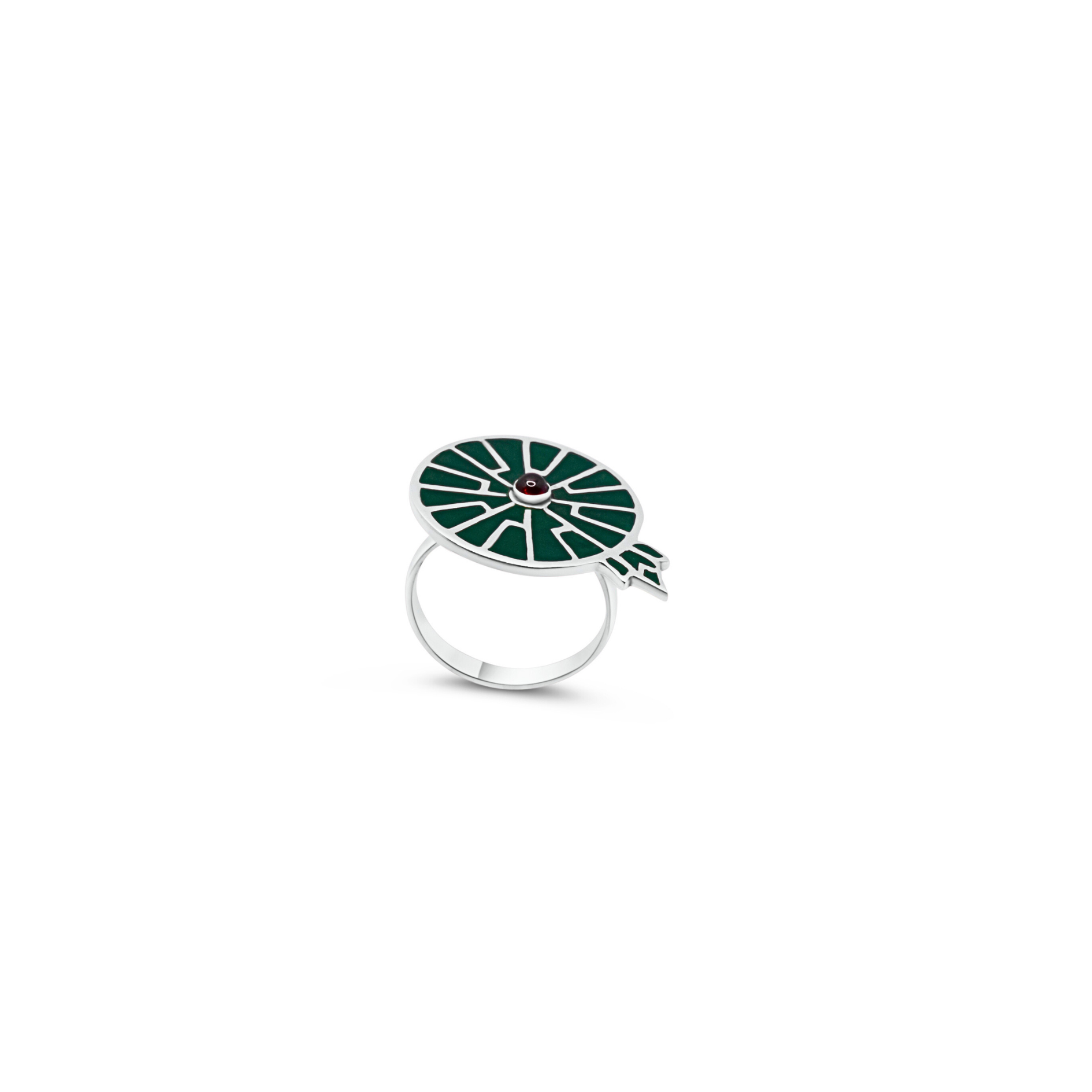  A stylish silver ring featuring a Victoria regia water lily design with dark green enamel and a red gemstone at the center, set against a white background.