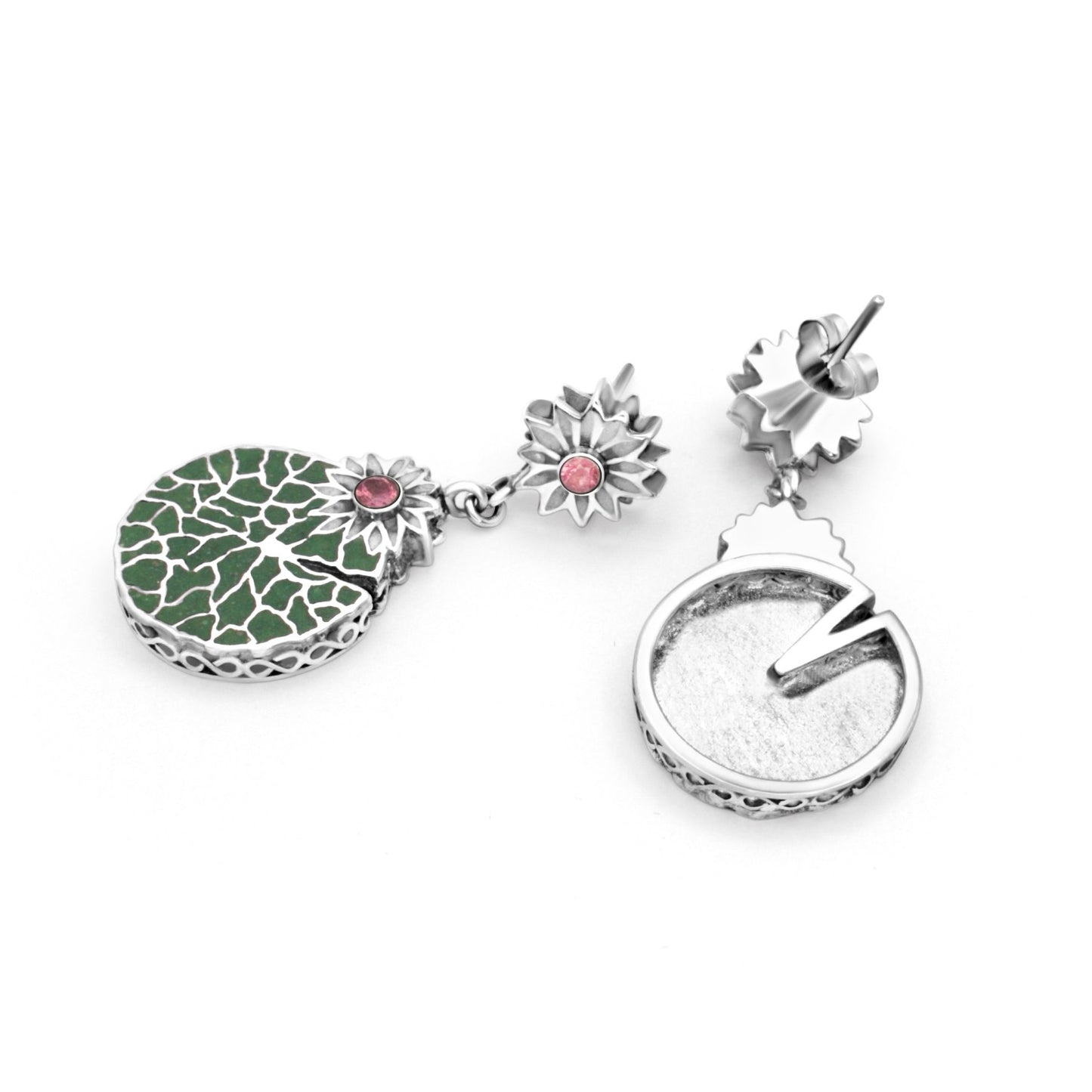 Artisan-crafted .925 silver earrings, detailed with pink tourmaline and vibrant green eco-friendly inlay.