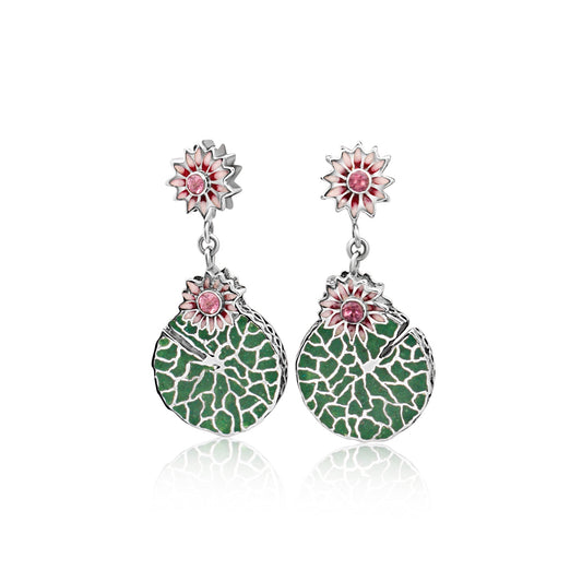 Sterling silver earrings with pink tourmaline, featuring Victoria Amazonica designs and green malachite inlay.