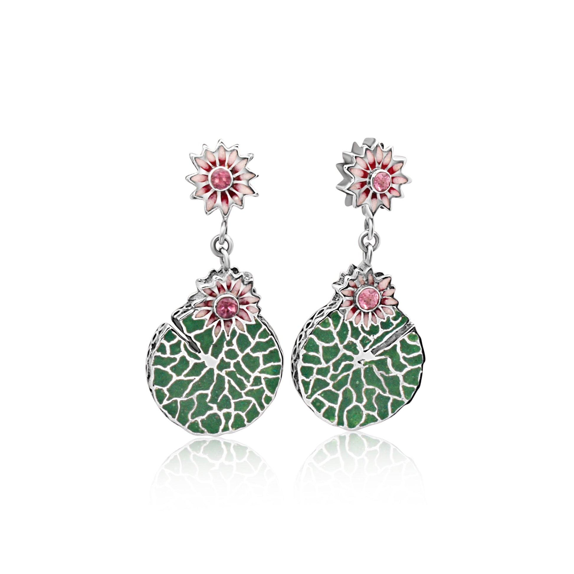 Victoria Amazonica leaf earrings in silver, accented with pink tourmaline and a sustainable green clay resin.