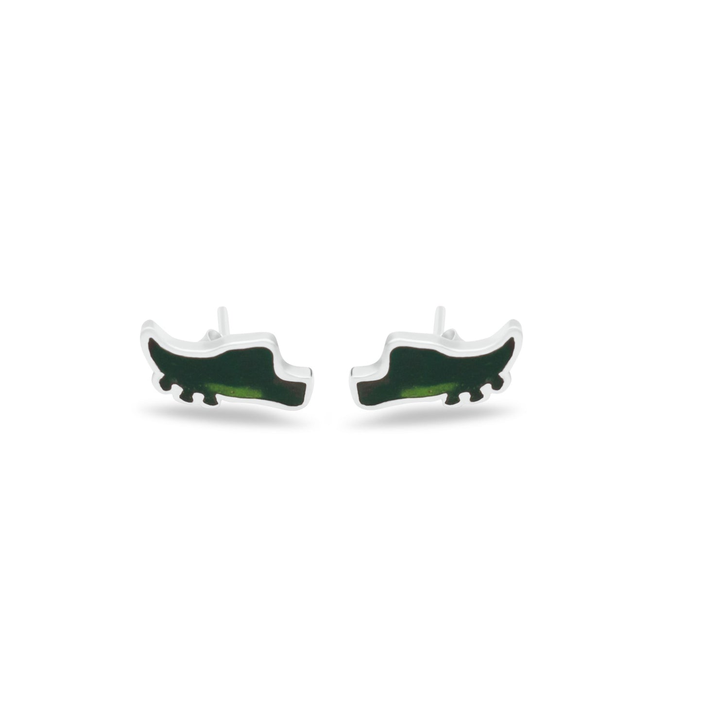 Small alligator earrings with silver outline and two-tone green enamel fill.