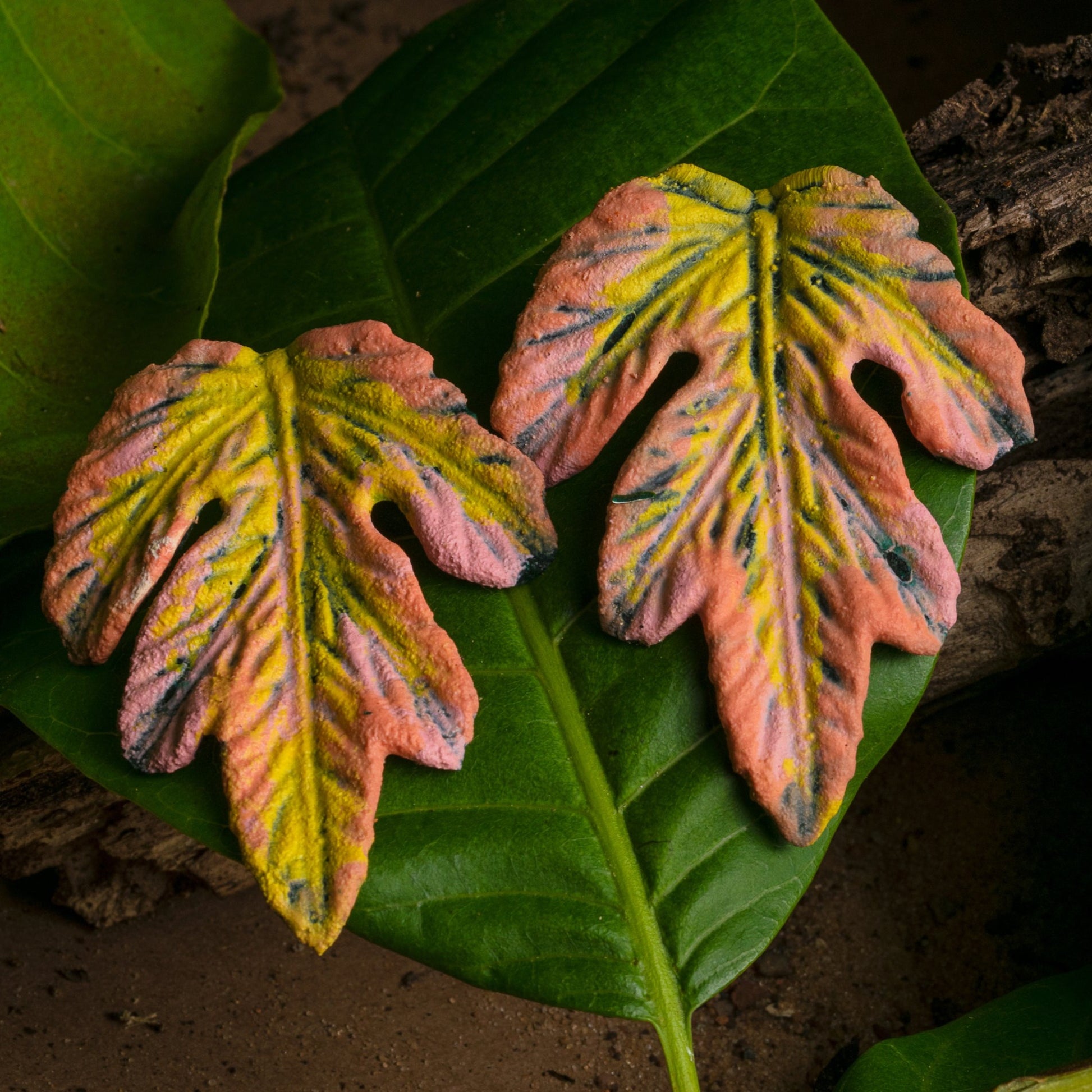 Leaf-shaped earrings with pink, yellow, and green hues on a real leaf, natural background.