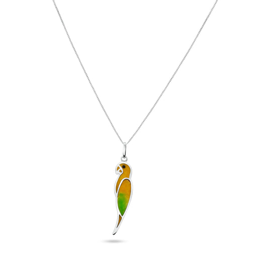 silver necklace with a Juba Macaw pendant. Yellow and green inlay details achieved with a local mineral powder and resin technique.