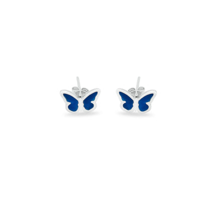 Silver stud earrings with light blue butterfly shapes