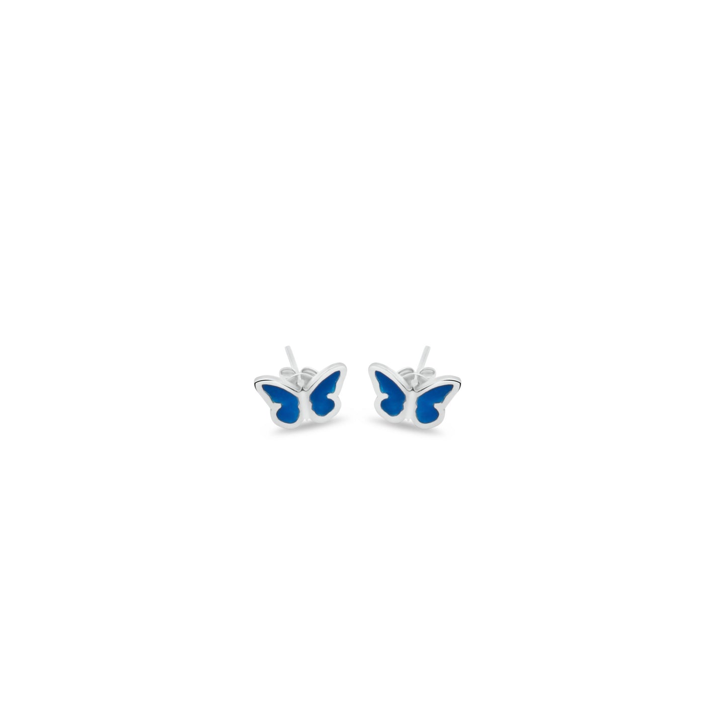 A pair of blue butterfly stud earrings.