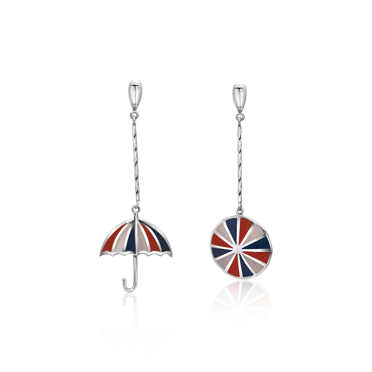 Sterling silver earrings, one depicting a half-open umbrella, the other a top-down view, both with a red, white, and blue inlay.