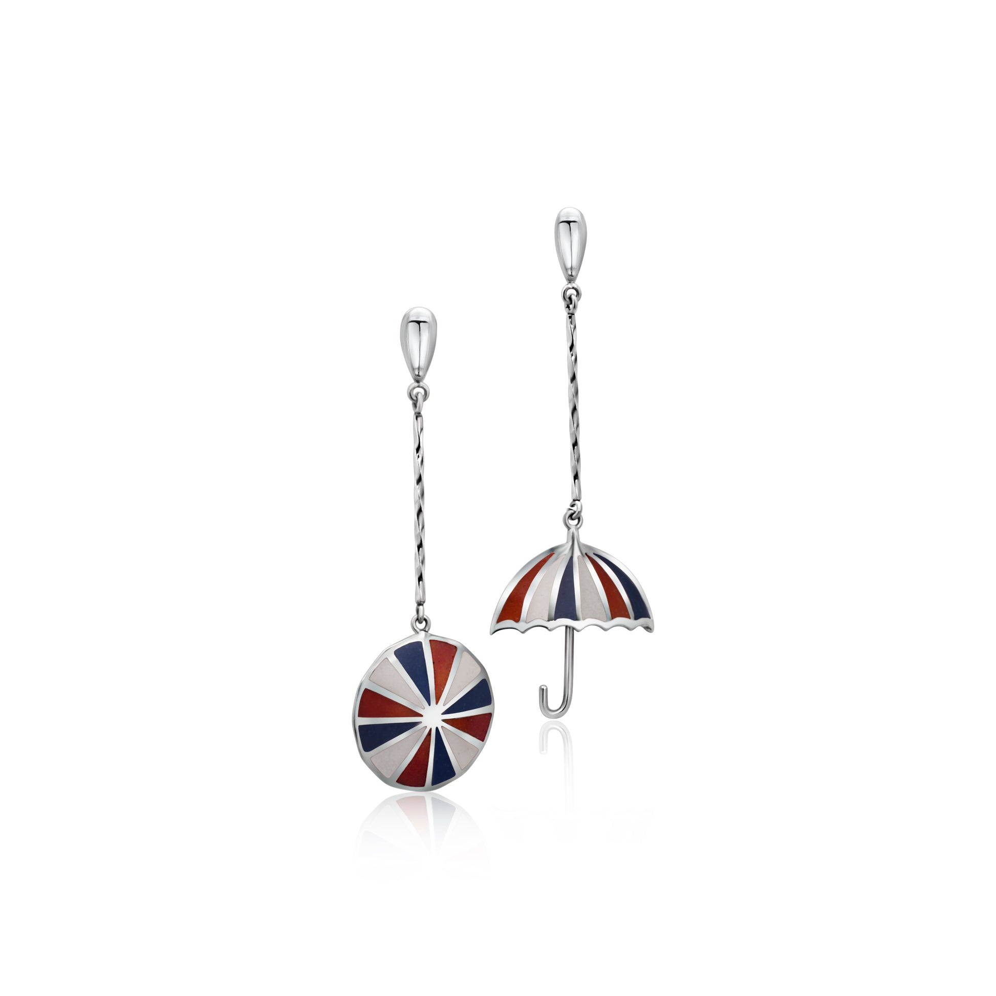 Unique .925 silver earrings set, one with an umbrella canopy side view, the other aerial, featuring patriotic red, blue, and white hues.