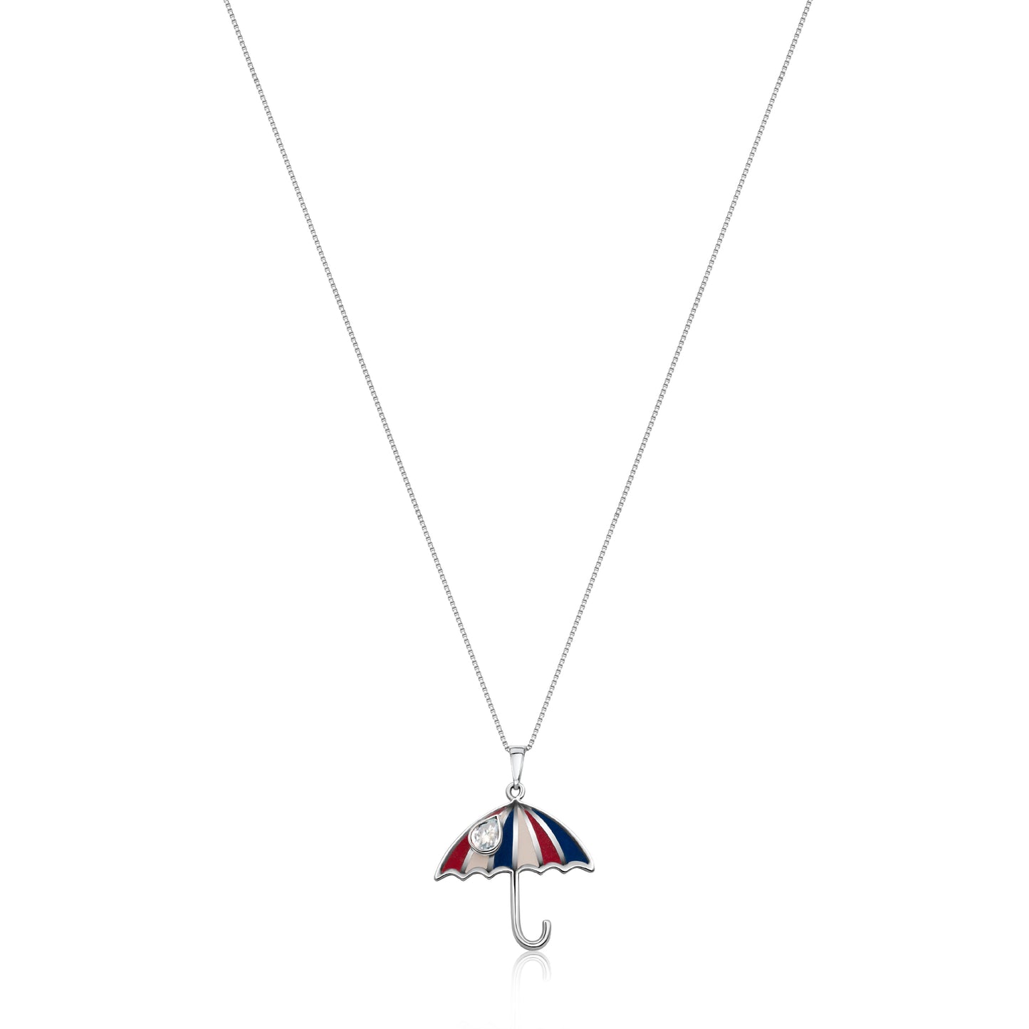 This image showcases the complete .925 sterling silver necklace. It features a whimsical umbrella pendant with a red and white striped canopy, a blue border, and a small, clear quartz gemstone hanging beneath, resembling a teardrop or raindrop.