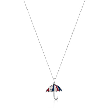 This image showcases the complete .925 sterling silver necklace. It features a whimsical umbrella pendant with a red and white striped canopy, a blue border, and a small, clear quartz gemstone hanging beneath, resembling a teardrop or raindrop.