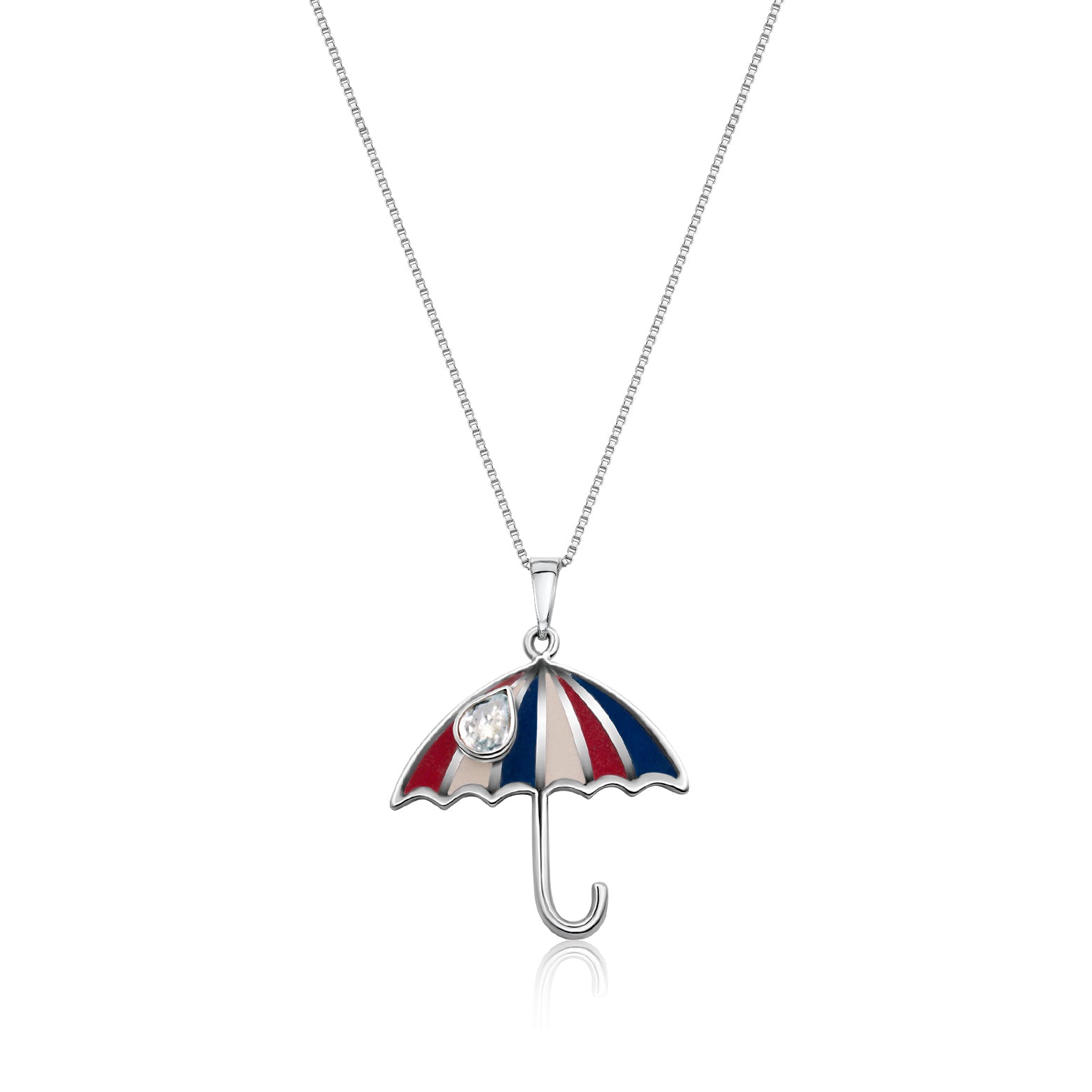 .925 silver necklace features a red, white & blue umbrella pendant with a quartz teardrop.