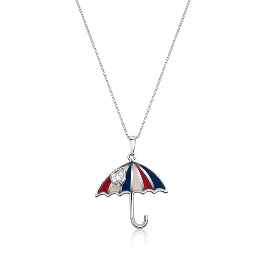 .925 silver necklace features a red, white & blue umbrella pendant with a quartz teardrop.