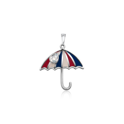 close up image of a sterling silver necklace featuring a whimsical umbrella pendant. The umbrella design showcases a red and white striped canopy with a blue border. A small, clear quartz gemstone hangs beneath the canopy, resembling a teardrop or raindrop.