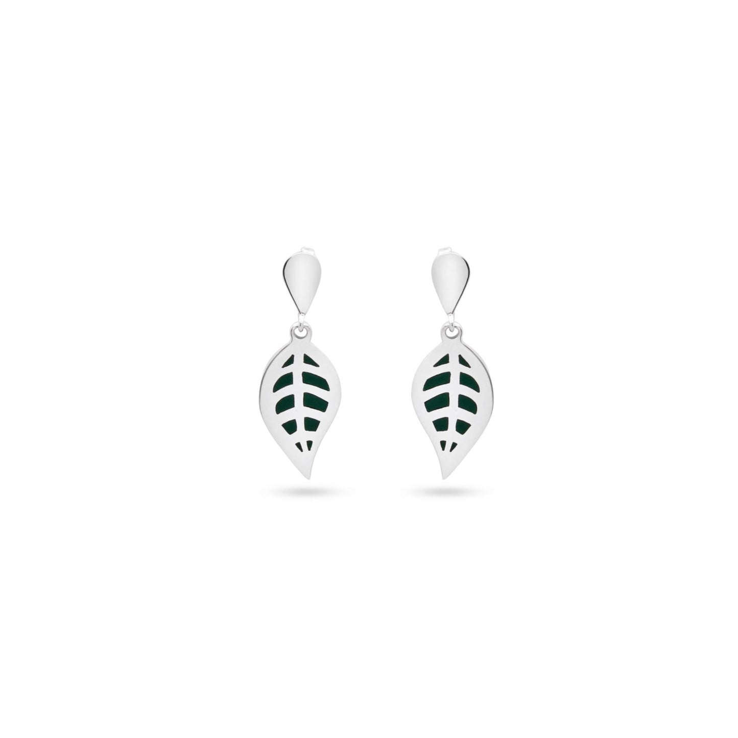 Handcrafted .950 sterling silver earring with a leaf design featuring sustainable green inlay.