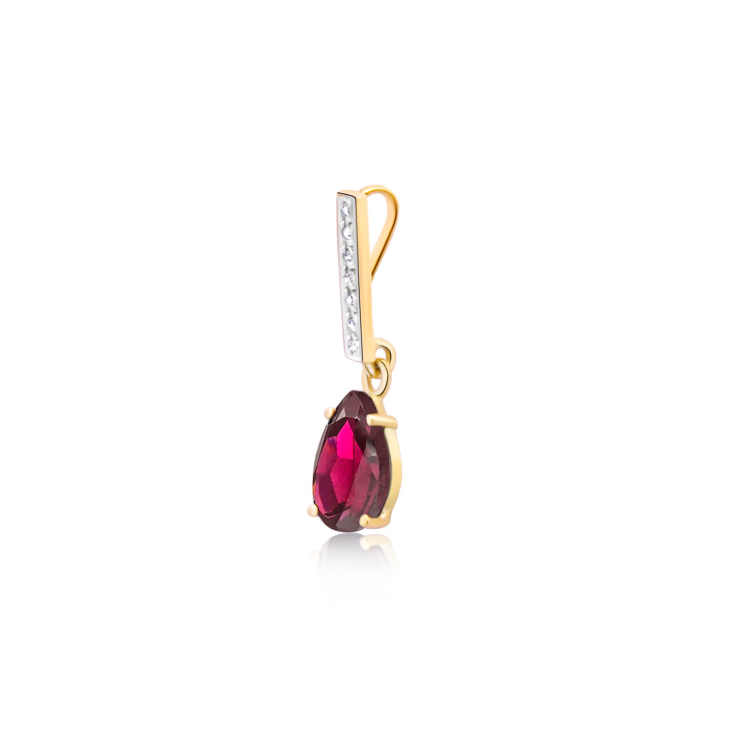 A handcrafted 18k gold pendant with a slender bar of diamonds and a captivating pear-cut red garnet dangling elegantly