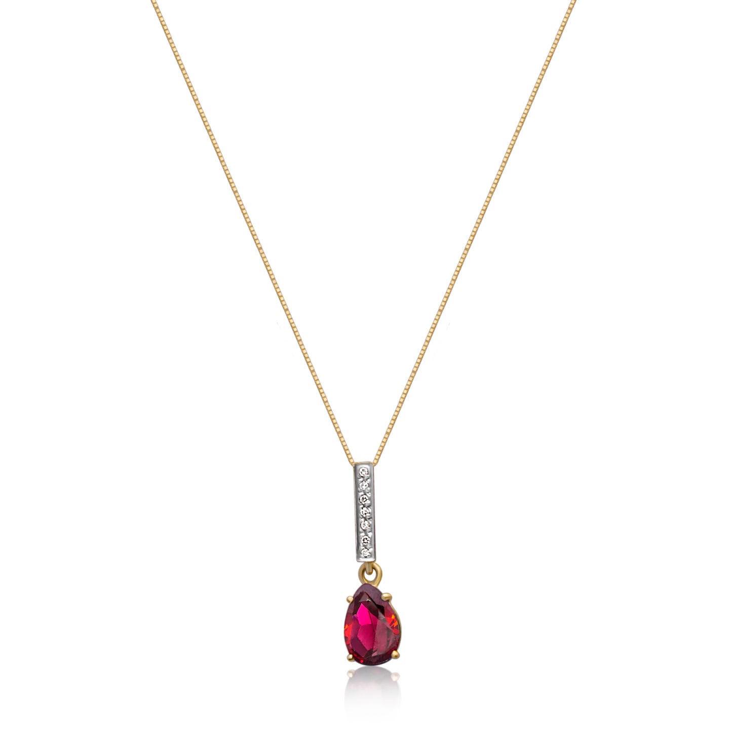 18k gold necklace with a linear pendant adorned with melee diamonds and a pear-shaped red garnet, radiating luxury and elegance.