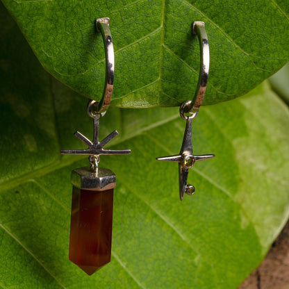 Asymmetrical sterling silver earrings featuring a single agate gemstone and two citrine gemstones on each earring.