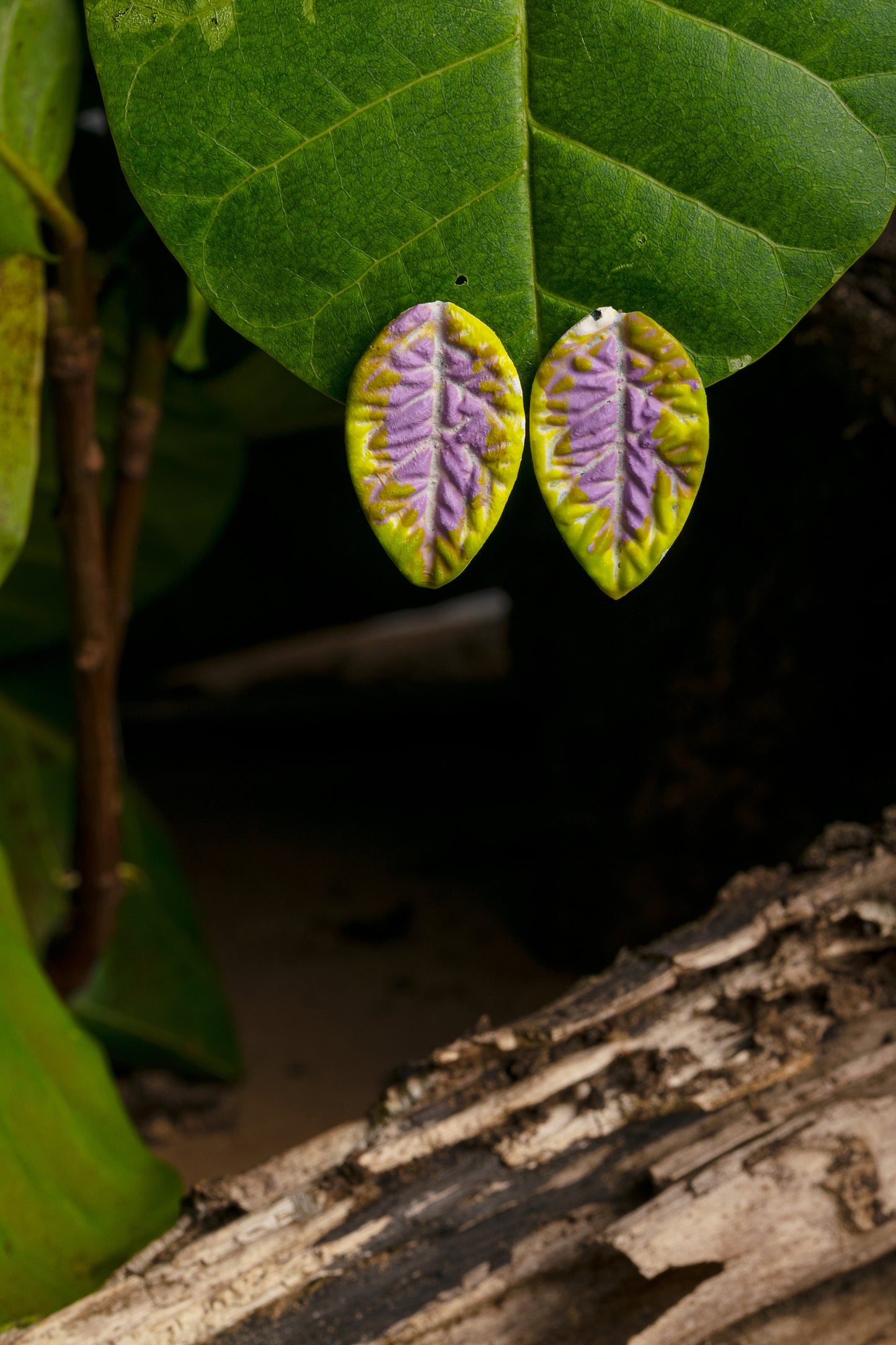 Leaf-shaped earrings handcrafted from natural rubber (light green) blended with açaí seed fiber (dark green flecks), featuring a matte finish in purple and subtle vein details. Nickel-free