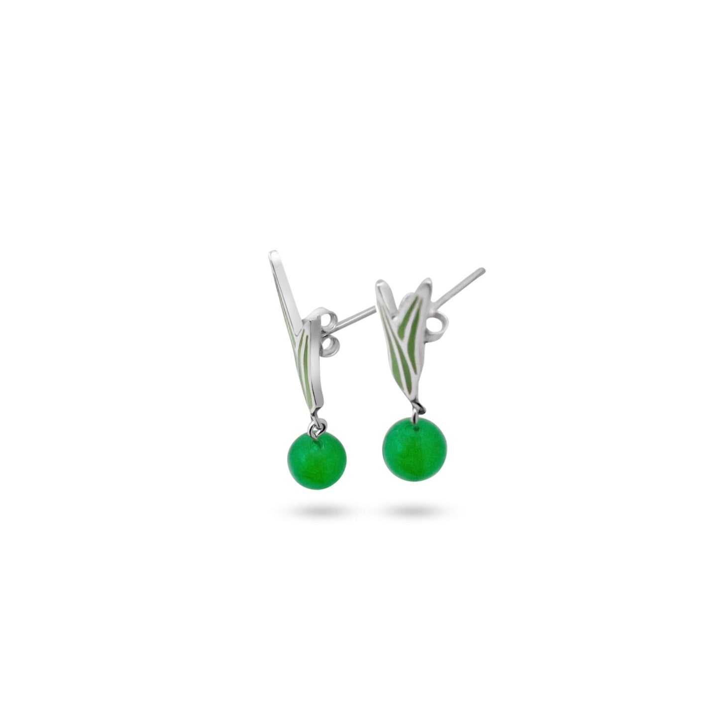 Sterling silver earrings with vibrant green agate drops, featuring sleek, leaf-like detailing that evokes natural elegance.