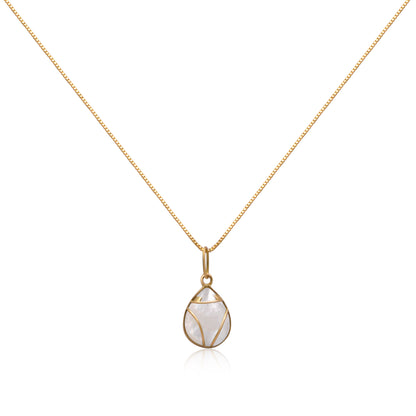 Elegant necklace with a Muiraquitã frog-shaped gold pendant, encasing mother-of-pearl, on a golden Veneziana chain, presented on white background.