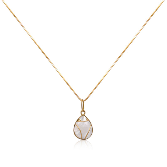 Elegant necklace with a Muiraquitã frog-shaped gold pendant, encasing mother-of-pearl, on a golden Veneziana chain, presented on white background.