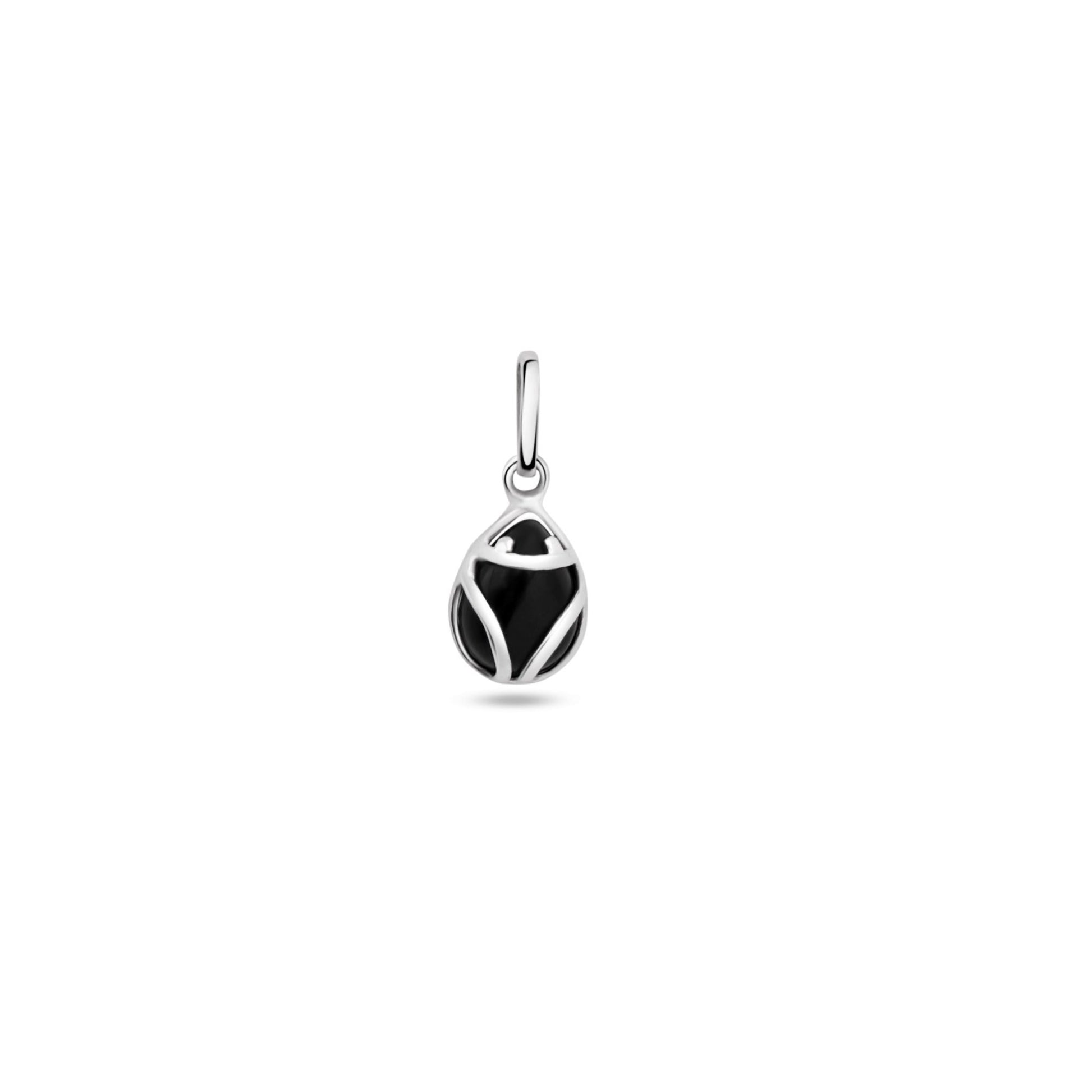 Minimalist teardrop black onyx pendant in .950 silver. Sleek design on white background.